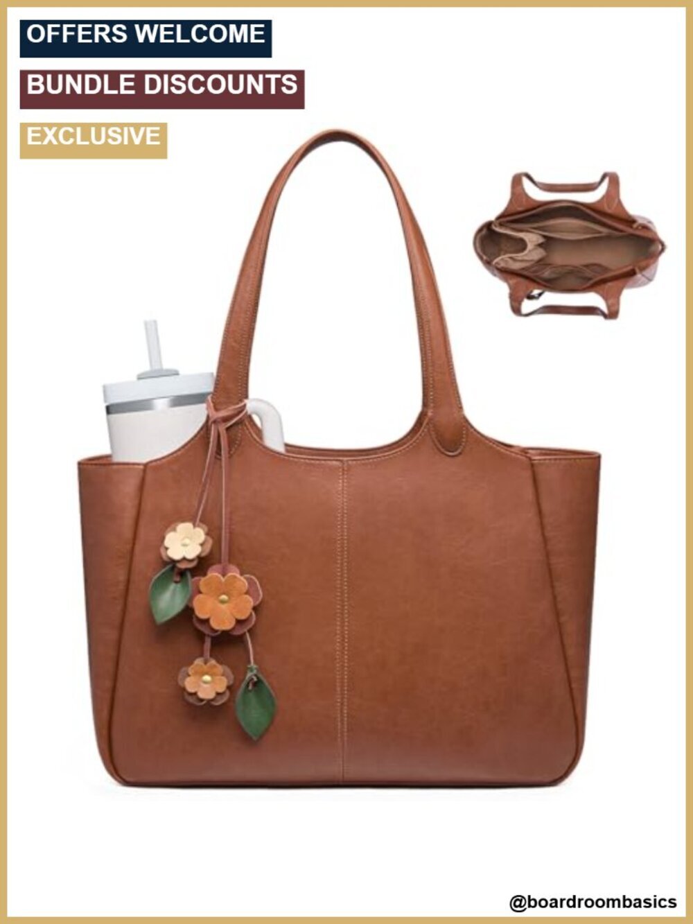 Leather Tote Bag with 40oz Cup Holder and Laptop Sleeve